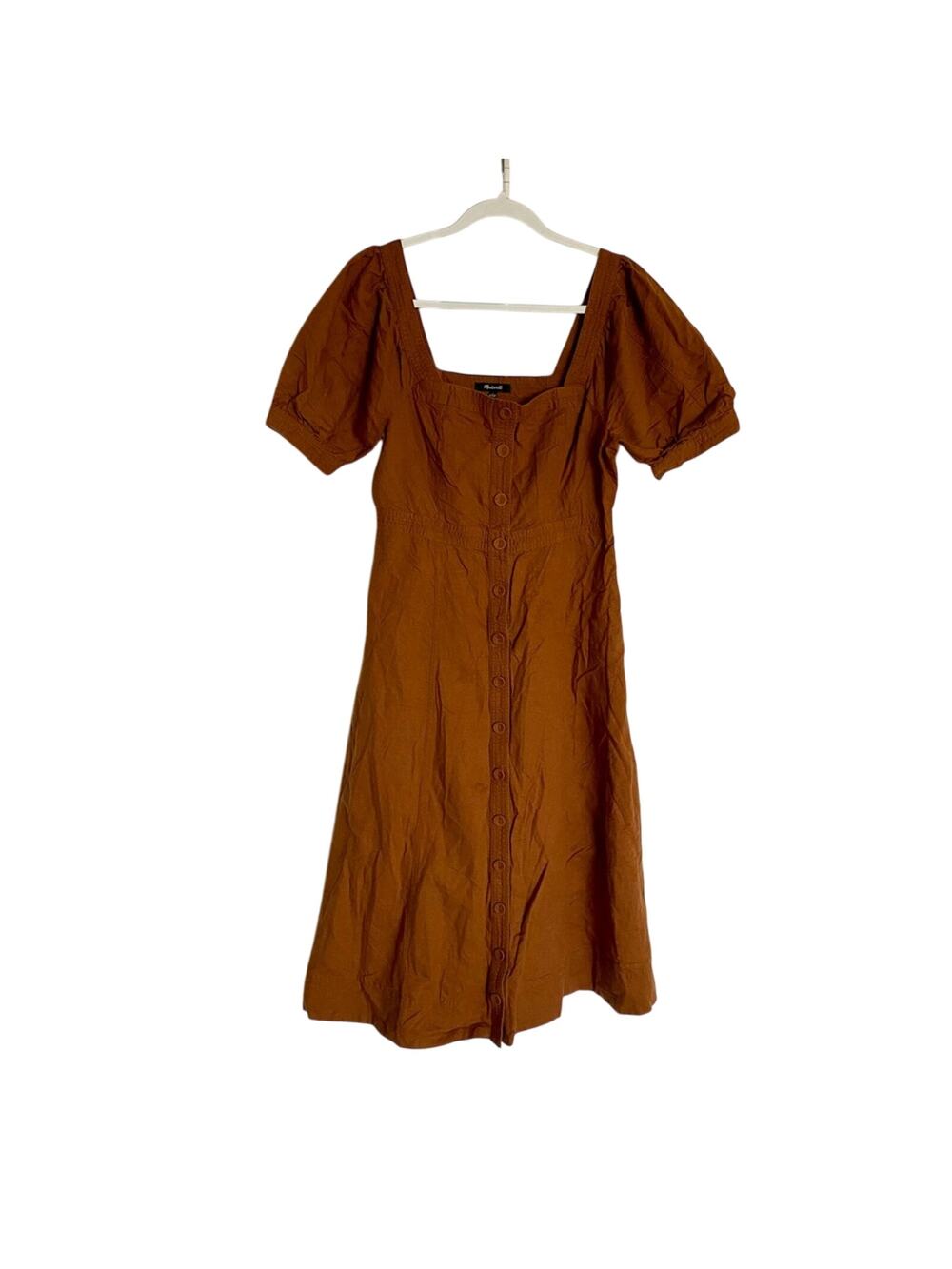 Madewell Square Neck Seamed Fitted Bodice Puff Sleeve Pocket Midi A-line Dress